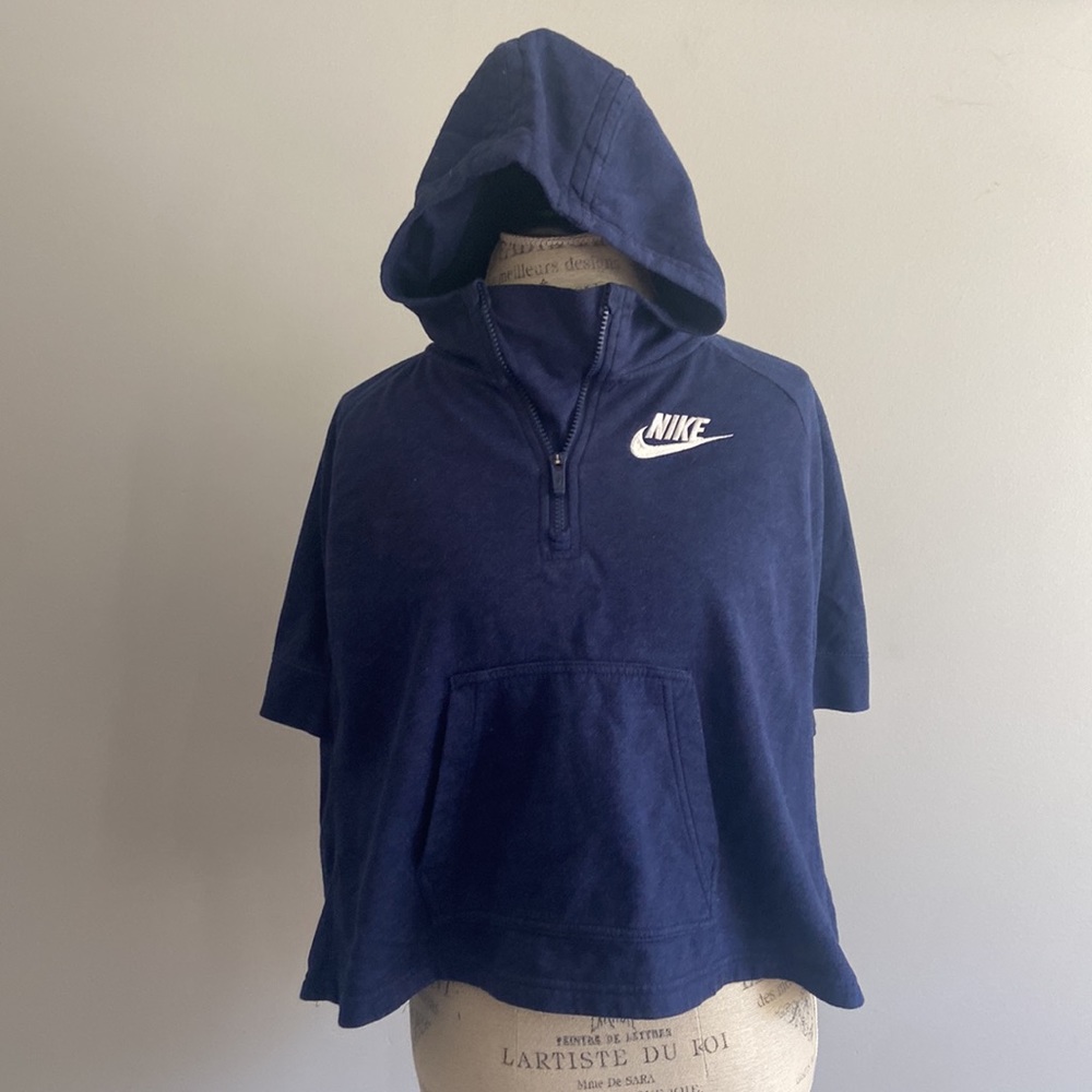 NIKE M Blue Crop Hooded Kangaroo Pocket Swing Trapeze Shawl Sweatshirt T…